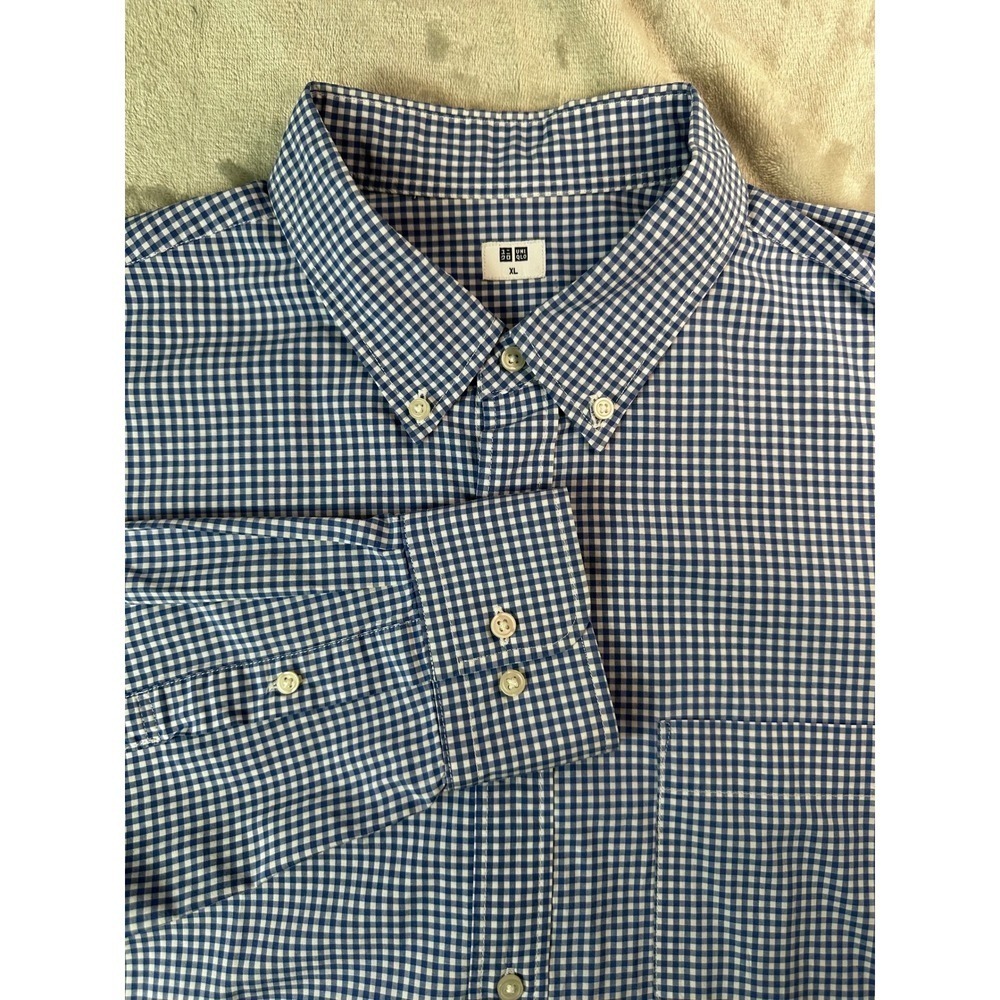 Uniqlo Shirt Mens XL Blue White Gingham Check Button Down Long Sleeve Cotton